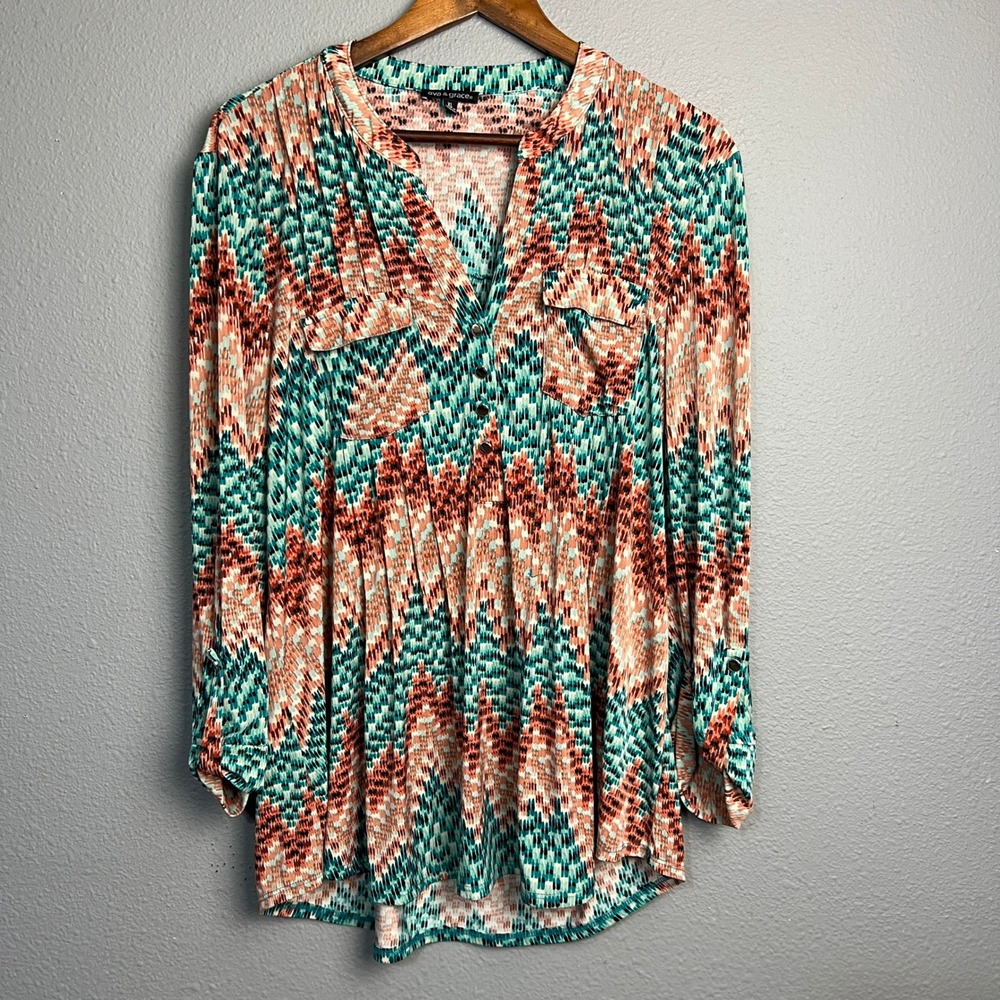 Ava & Grace XL Tunic Hippie Festival Top Long Sleeve Button Up Teal Orange Print